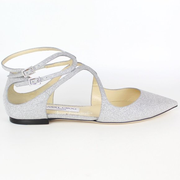 New JIMMY CHOO Silver Glitter Cutout Pointed-Toe Sandals | Bridal, Gala, Party - Picture 1 of 15